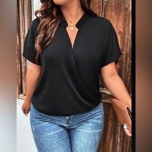 Solid notched neck batwing sleeve blouse